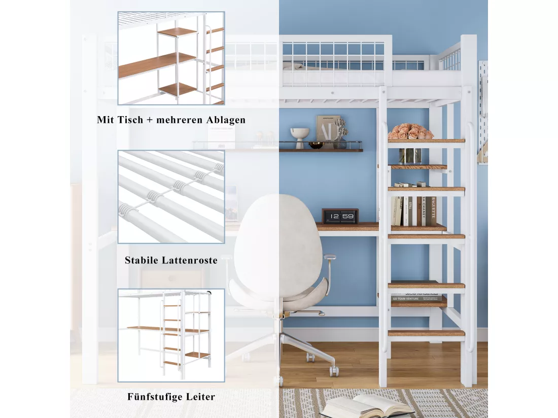 Lit mezzanine 90x200cm - avec table et étagère - avec échelle 5 marches - avec grille anti-chute - métal + MDF - blanc (sans matelas)