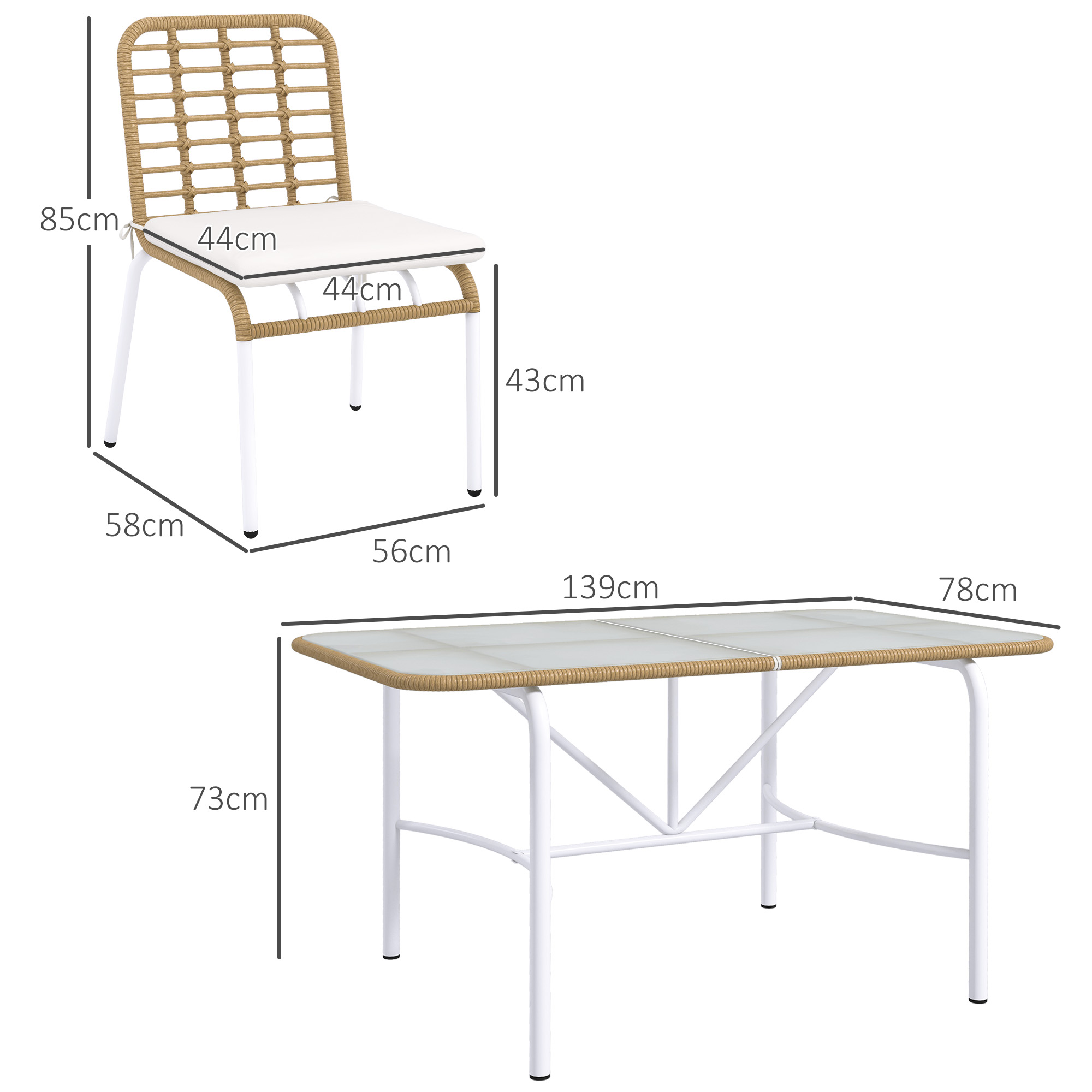 Conjunto de jardim Outsunny em rattan sintético, conjunto de 7 peças para exterior, incluindo 6 cadeiras empilháveis com almofadas e mesa de vidro natural.