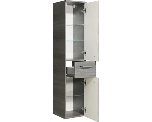 Pelipal Quickset 328 badkamermeubelset, BxHxD 145 x 200 x 39 cm, grafiet getextureerde fronten (horizontaal patroon), met mineraal gegoten wastafel en hoge kast 328.120003