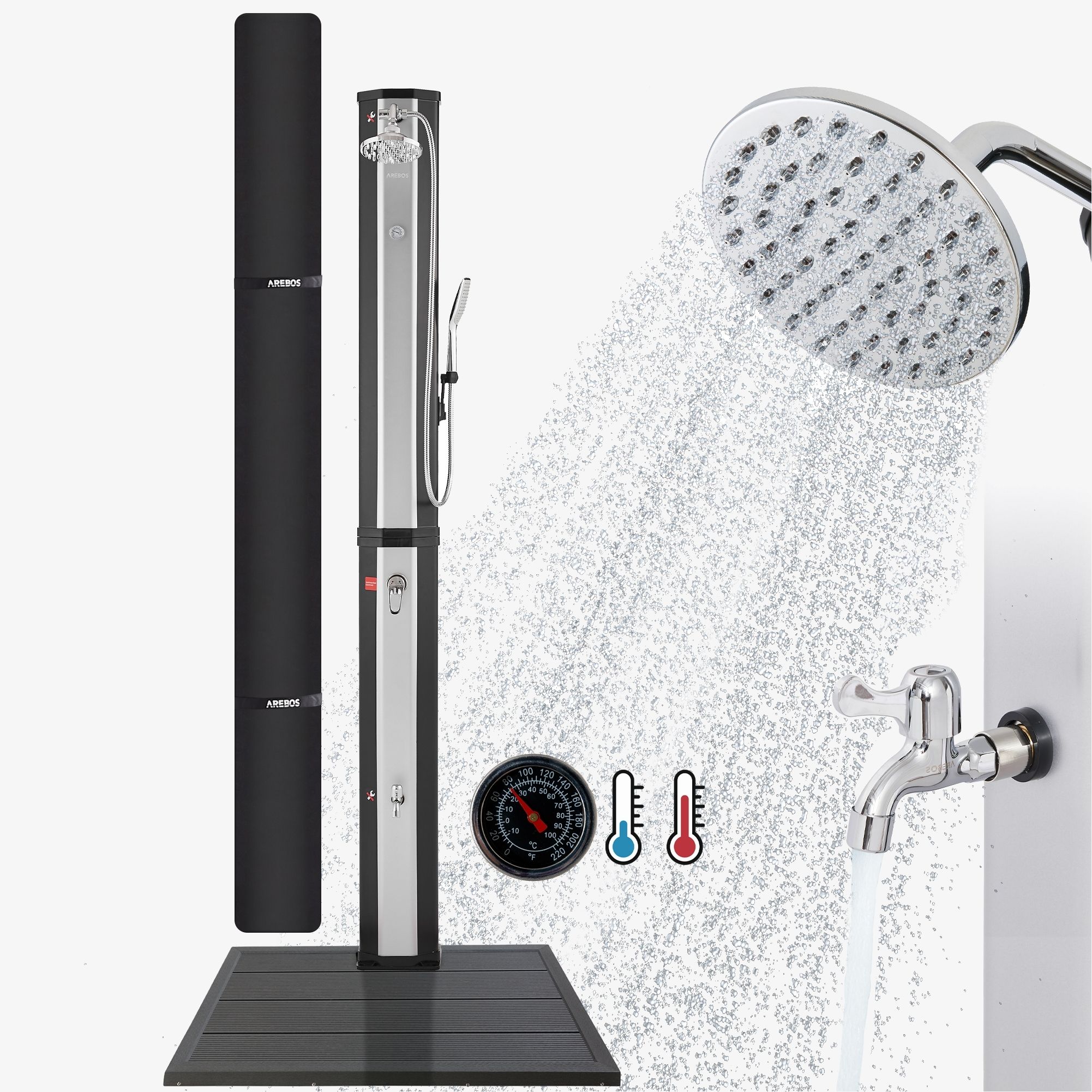 Solardusche 60L mit Thermometer und Handbrause schwarz-silber mit Bodenplatte Anthrazit