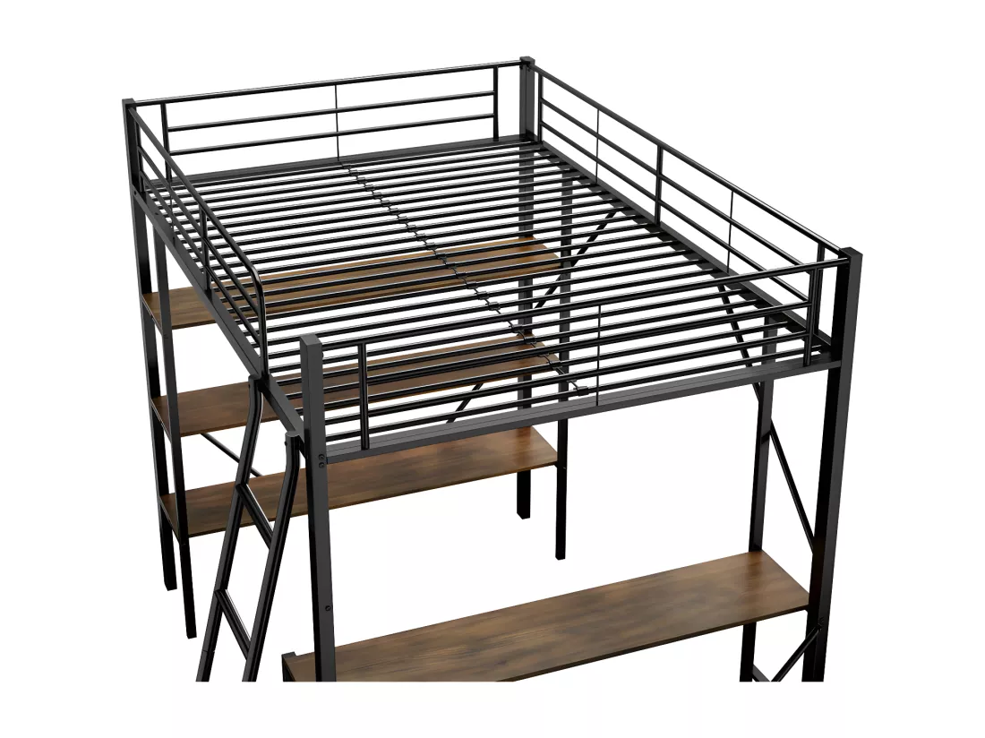 Lit mezzanine en fer - 90x200cm - avec bureau et 3 étagères - Noir
