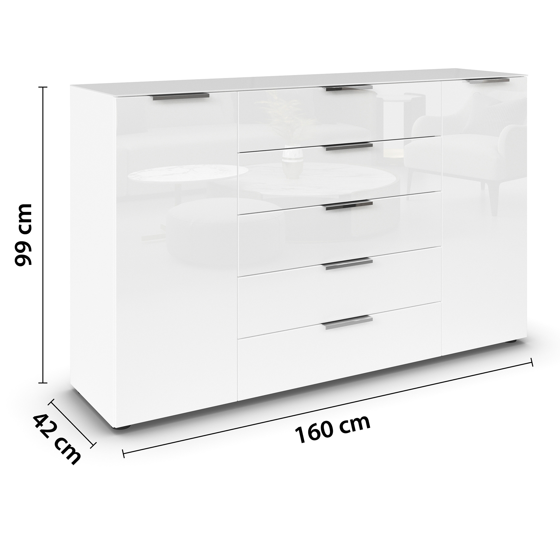 Kommode - alpinweiß-Kristallweißglas - Chromgriffe - 160 cm