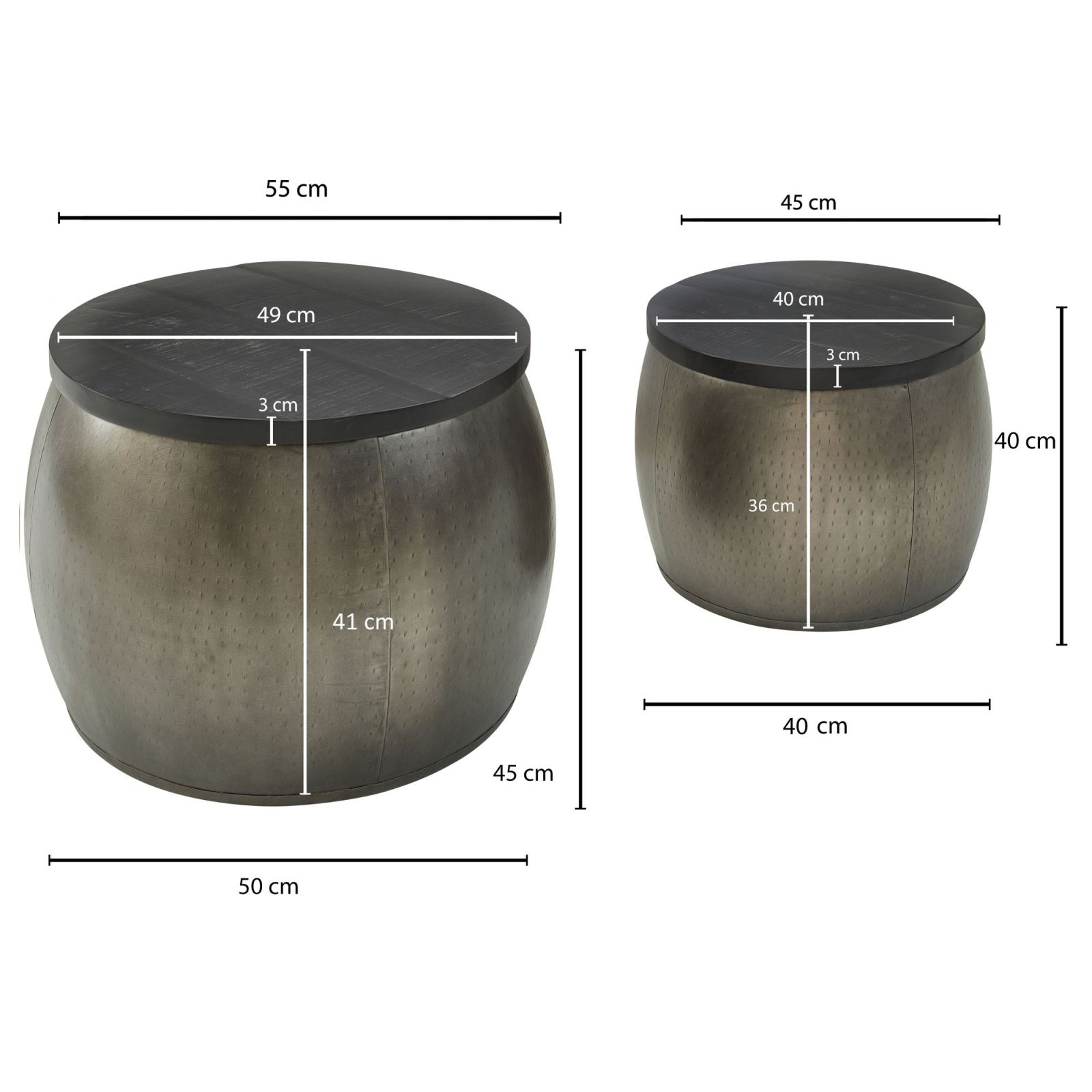 2er-Set Couchtisch - silber-schwarz - Mango massiv