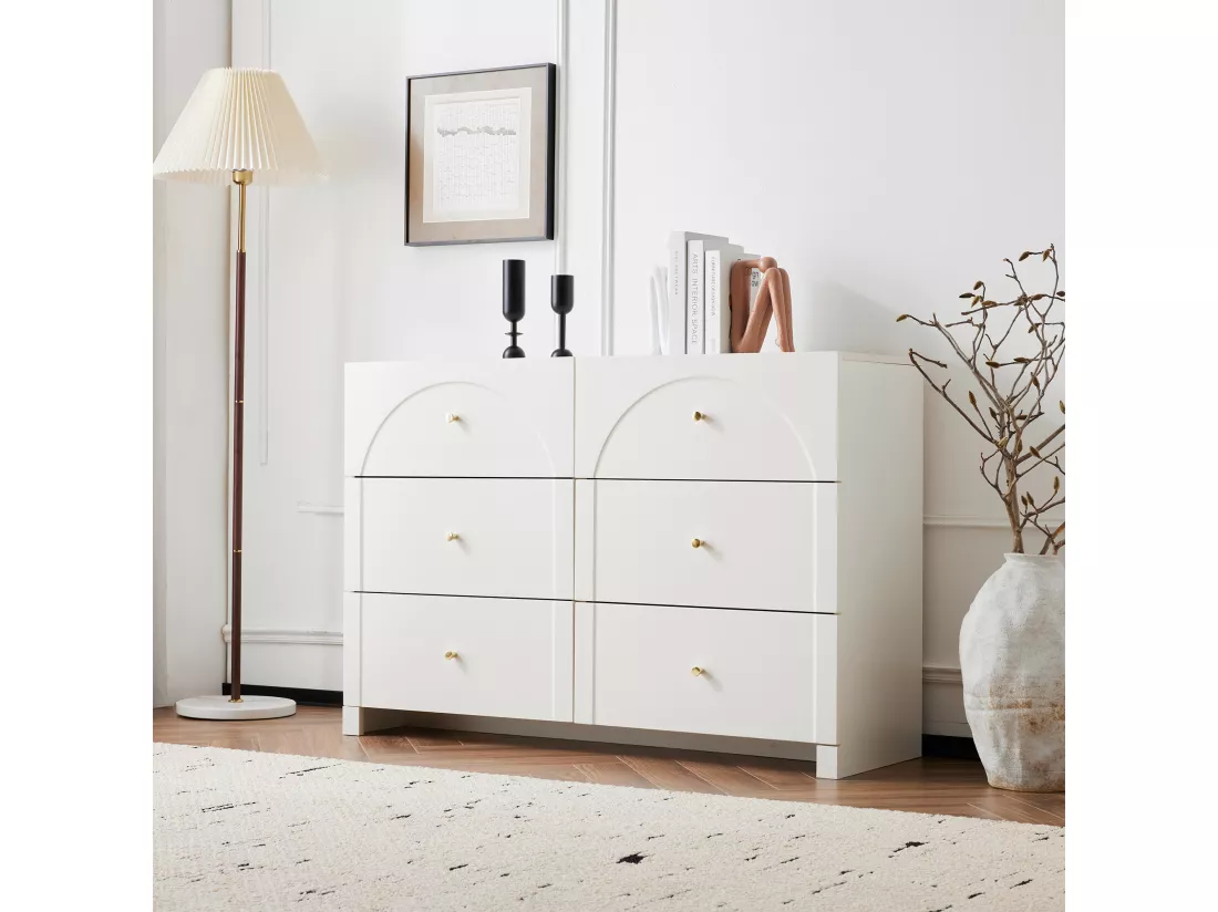 Commode avec 6 tiroirs pour salon et chambre à coucher - 120 x 40 x 82 cm - panneaux de particules - Blanc
