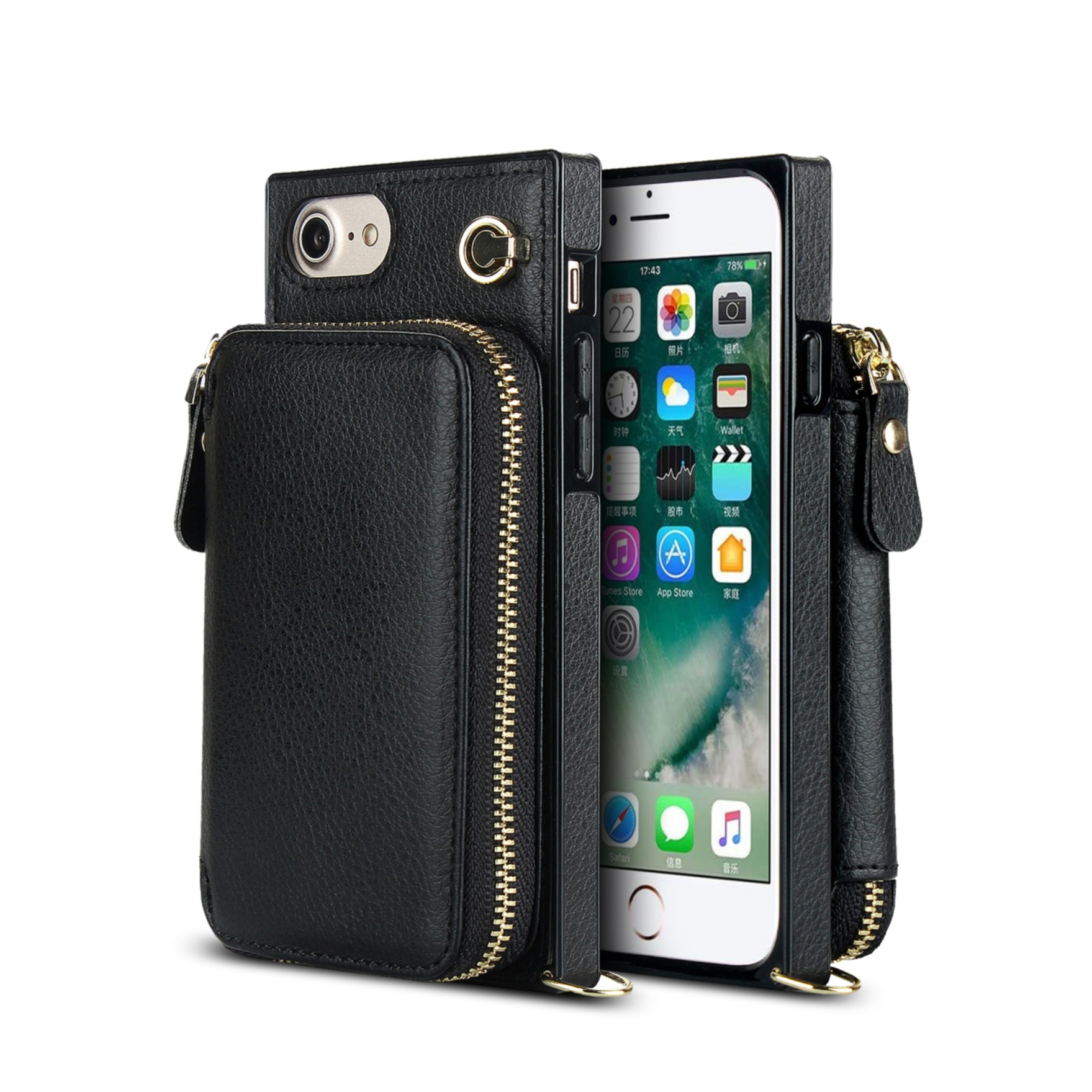 iPhone SE (2022/2020) / 8 / 7 / 6S Necklace Leder Schutz Hülle mit Kartenfächer   Handykette (140cm) - Schwarz