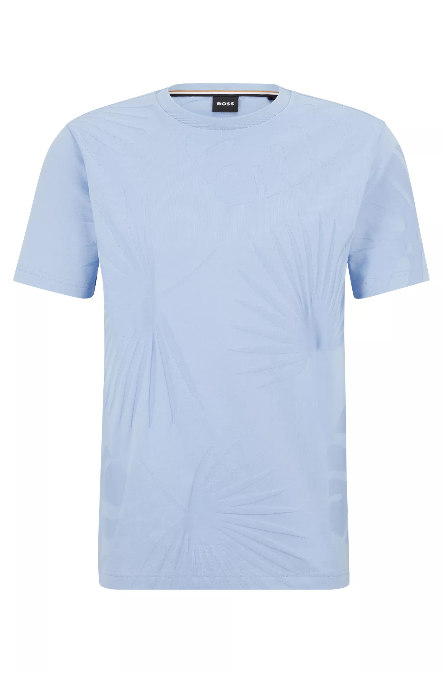 Camiseta BOSS preta em algodão mercerizado com jacquard tonal de inspiração havaiana.