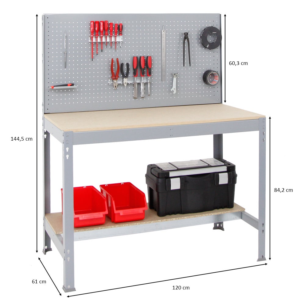 PROREGAL Quick Buffalo werkbank met gereedschapswand en accessoires Beta HxBxD 84 x 120 x 61 cm Draagvermogen 600 kg Grijs