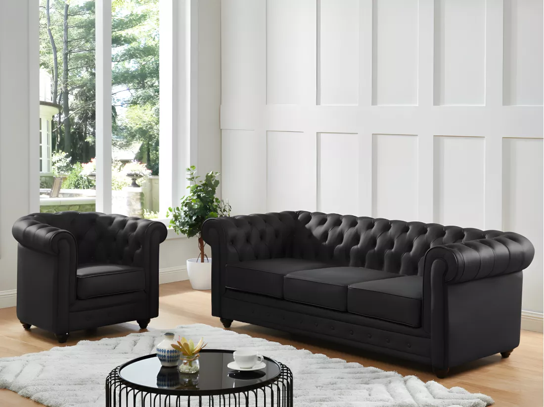 Canapé 3 places en cuir de buffle noir CHESTERFIELD