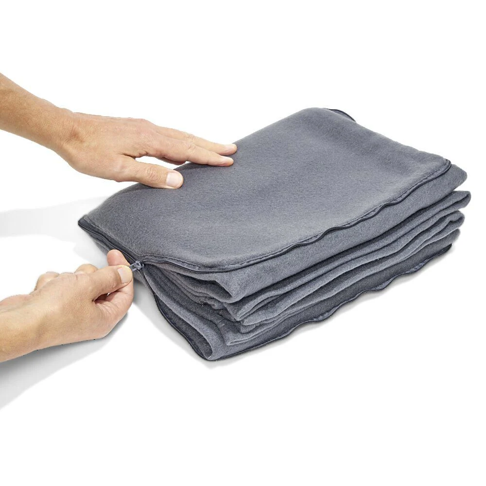 Plaid polaire gris 130x160cm 2en1 avec fermeture pour coussin