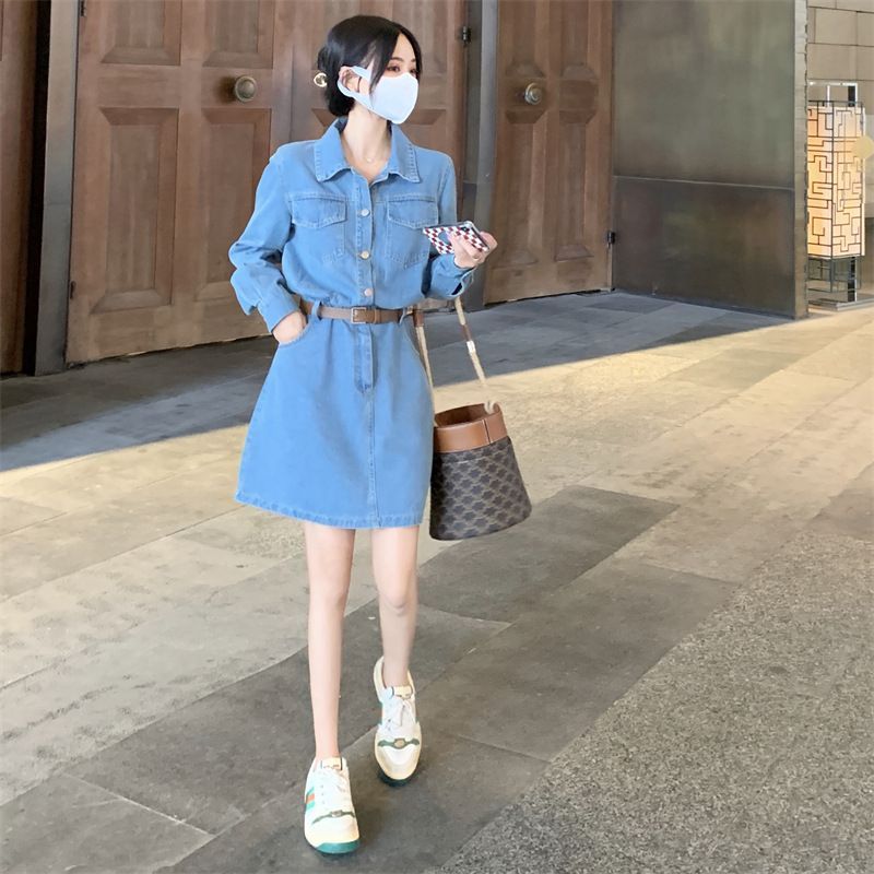 Sienne - Henley denim mini-overhemdjurk met lange mouwen