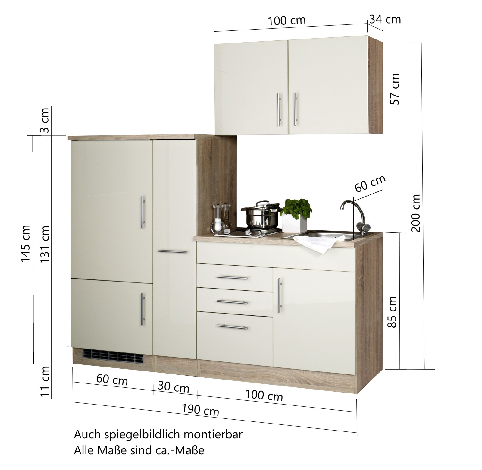 Single-Küche TORONTO - weiß - mit E-Geräten - 190 cm