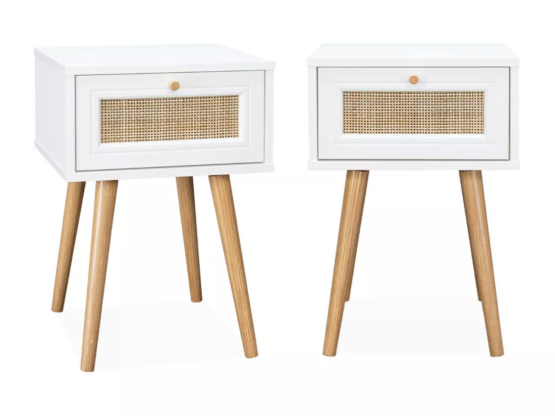 Lot de 2 tables de chevet effet bois blanc et cannage avec 1 tiroir