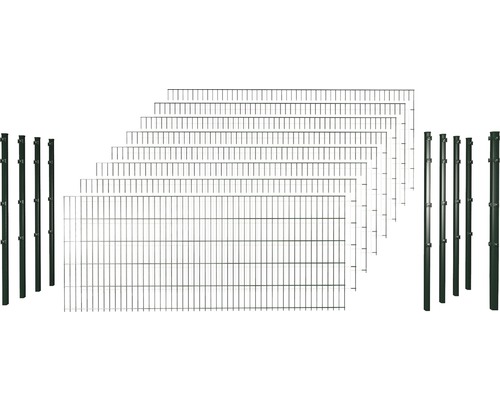 Dubbeldraads hekwerkset 6/5/6 inclusief palen met 1 hoekpaal met klemhouder 63 cm x 20 m, groen