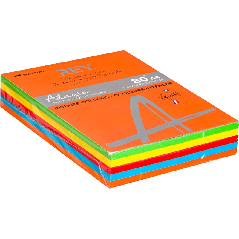 Papier A4 couleur 80 g Rey Adagio couleurs intenses assorties - Ramette de 5 x 100 feuilles