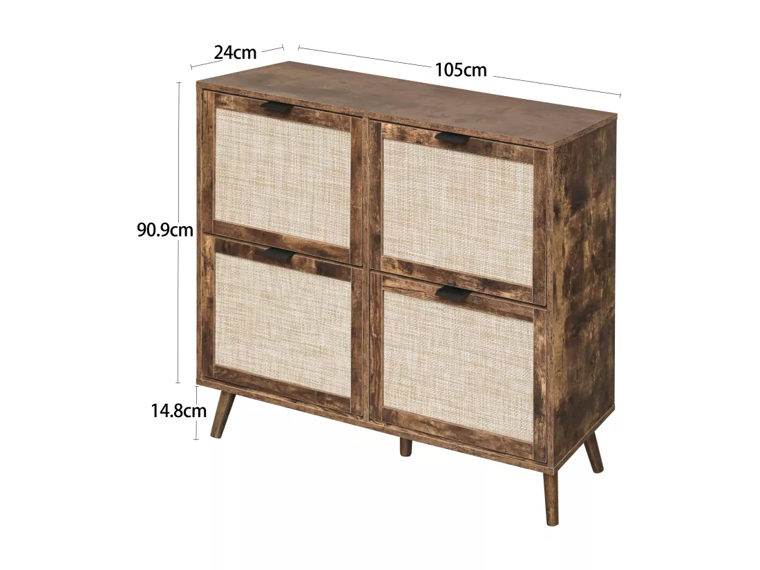 Meuble à chaussures rétro marron à 4 portes, look en rotin, double étagère, 105 cm, avec fond arrière, idéal pour couloir et espaces similaires