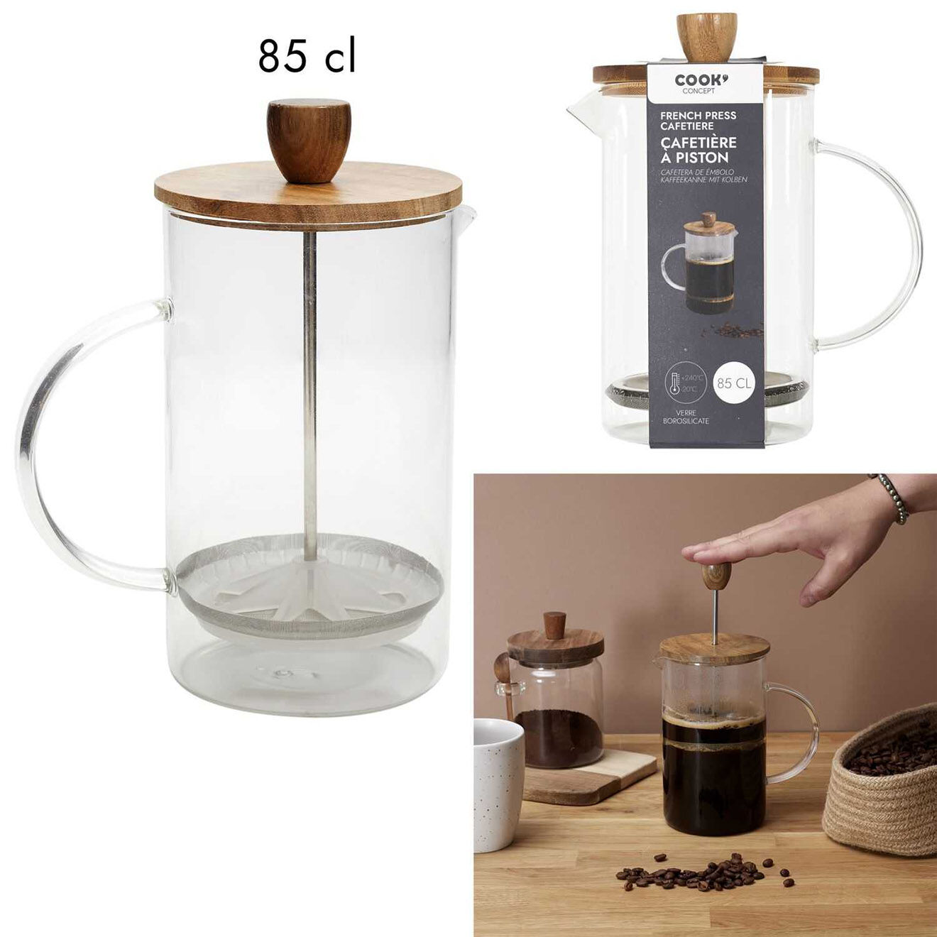 Home Deco Factory Cafetiere à Piston Verre Acacia transparente - 14x19x9.6 cm