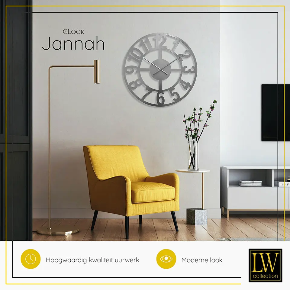 LW Collection Wandklok Jannah zilver 60cm
