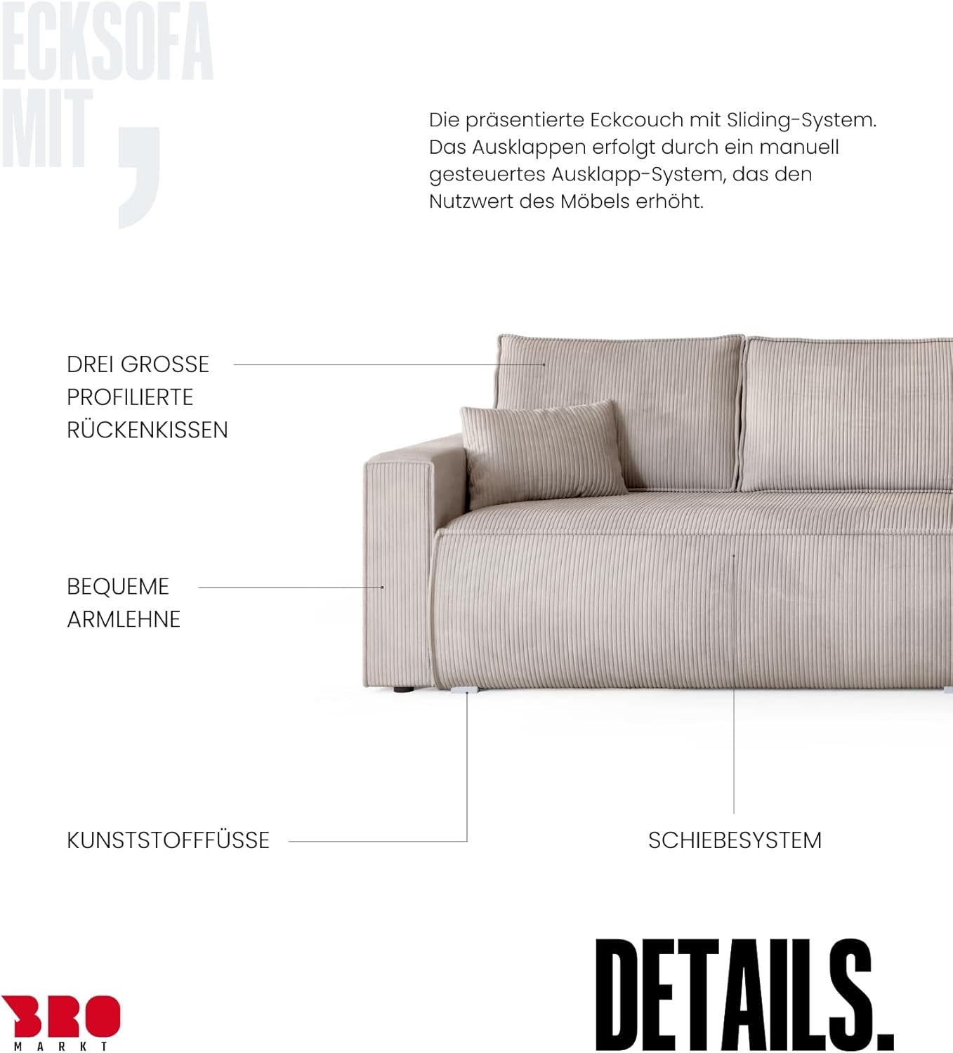 BROMARKT Sofa mit Schlaffunktion Couch L polsterreiniger Sofa Bettkasten Schlafsofa für Wohnzimmer Couch freistehend Havana Relaxsofa 3 sitzer 270x173x80 cm Weiß