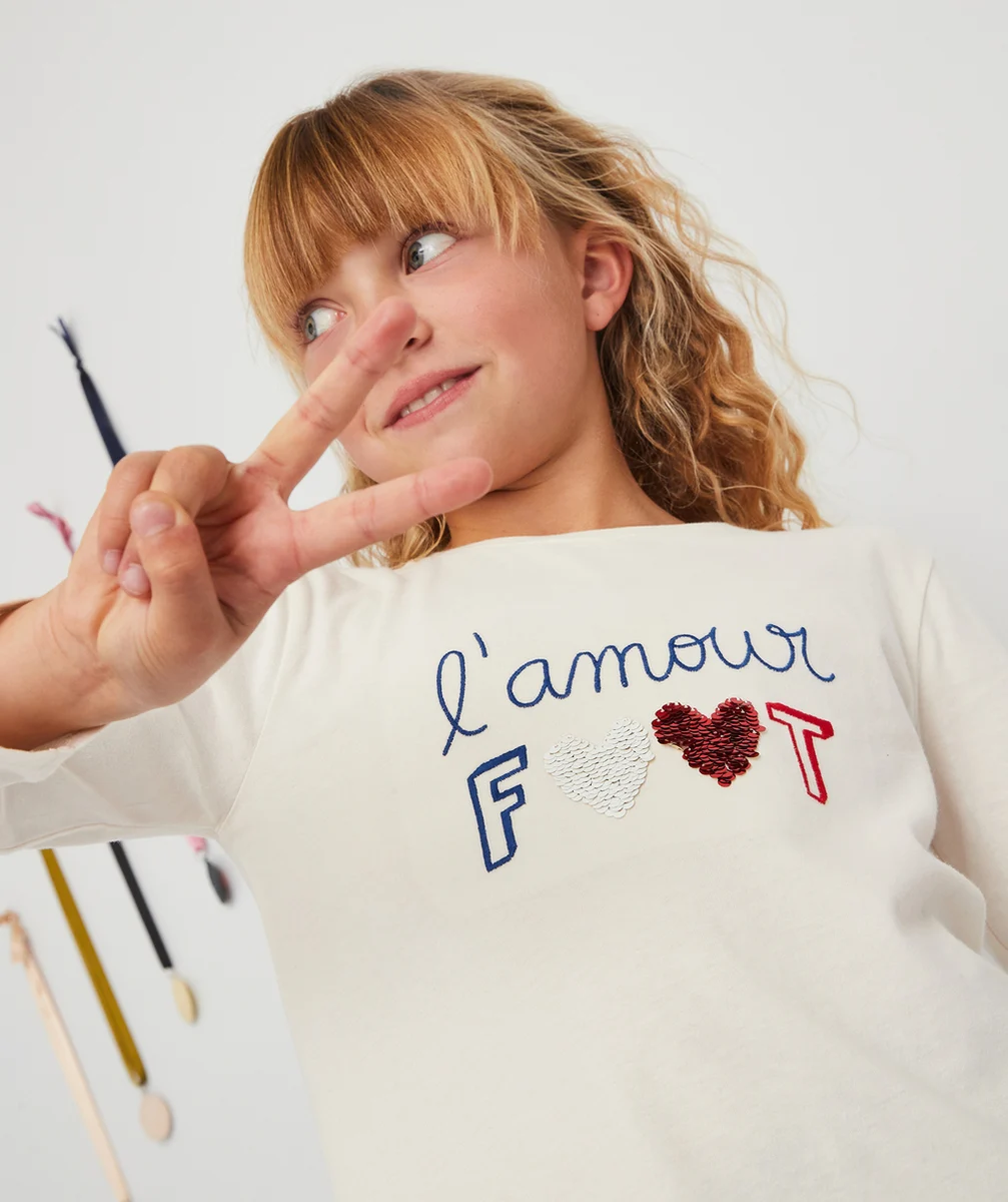 T-SHIRT FILLE EN COTON BIO ÉCRU THÈME FOOTBALL