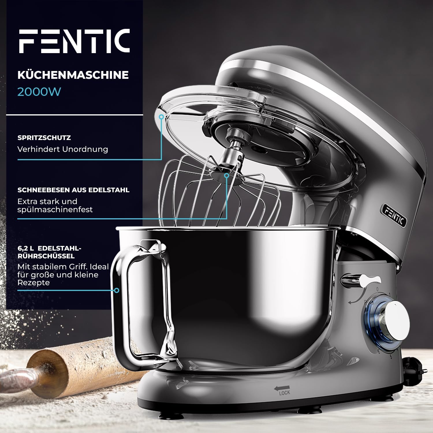 Küchenmaschine - 2000W - Edelstahl Rührschüssel (6,2 L) - Knetmaschine mit Rührhaken, Knethaken, Schlagbesen und Spritzschutz - Inkl. zusätzlichem Zubehör - Anthrazit