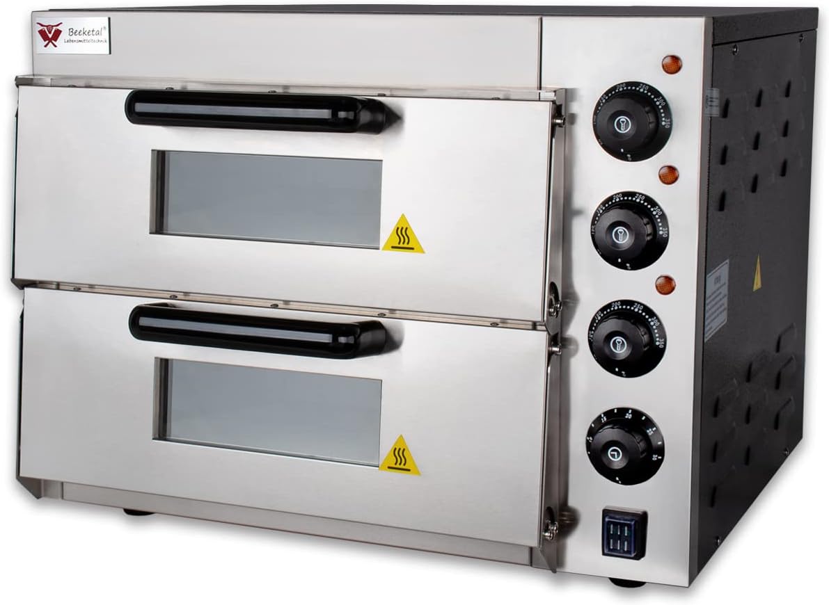 Beeketal 'BPO33-2' Profi Doppel Kammer Pizzaofen mit 2x 400x400 mm Schamottstein, Gastro Steinbackofen für Pizza und Backwaren, Leistung 3000W, Pizzabackofen Temperatur bis zu 350°C