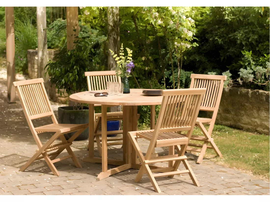 HARRIS - Table de jardin ronde 4/5 personnes - à rabats papillon en bois Teck