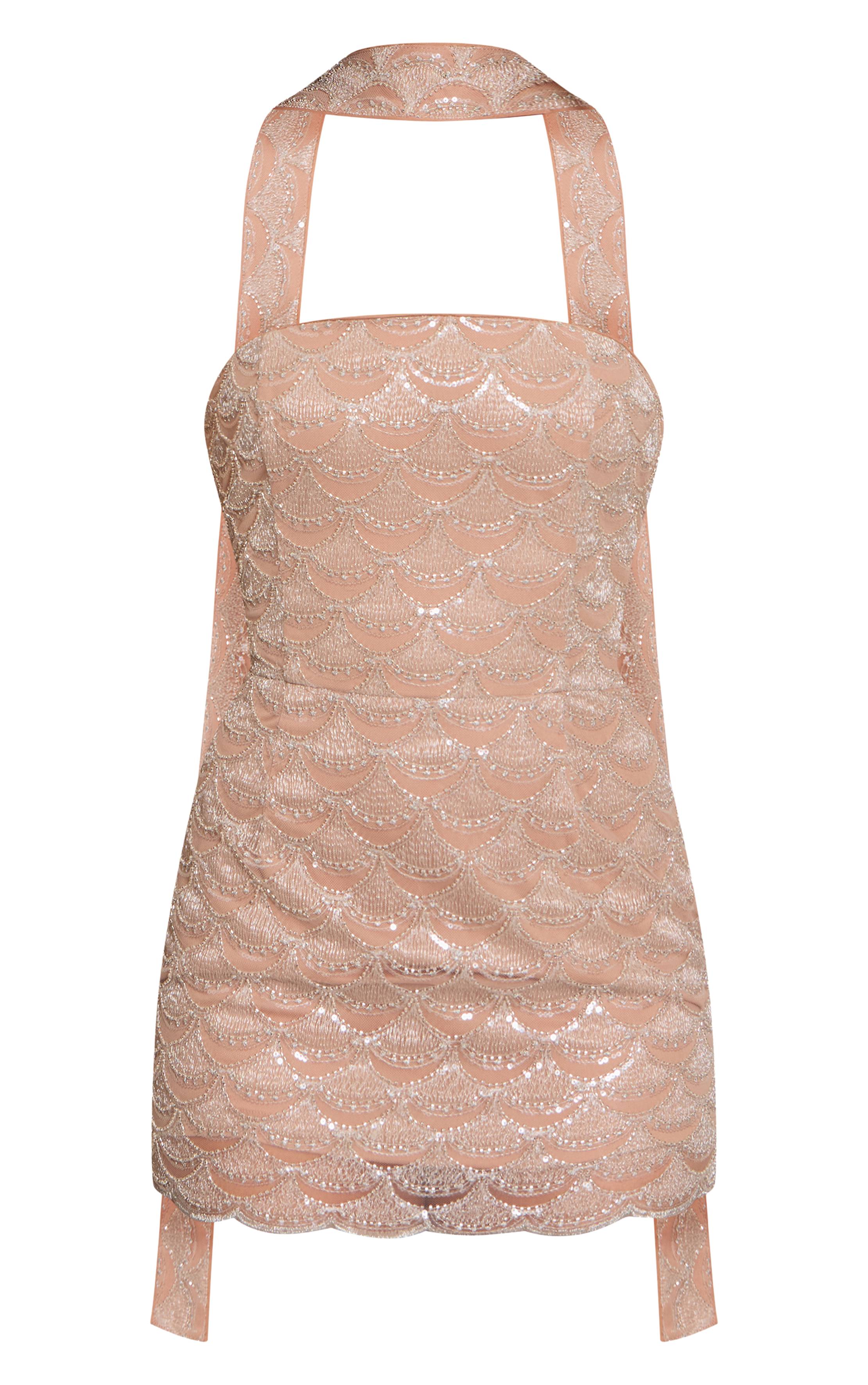 Light Nude Mini Robe Bustier À Détail Foulard Et Ornements De Cristaux Festonnés