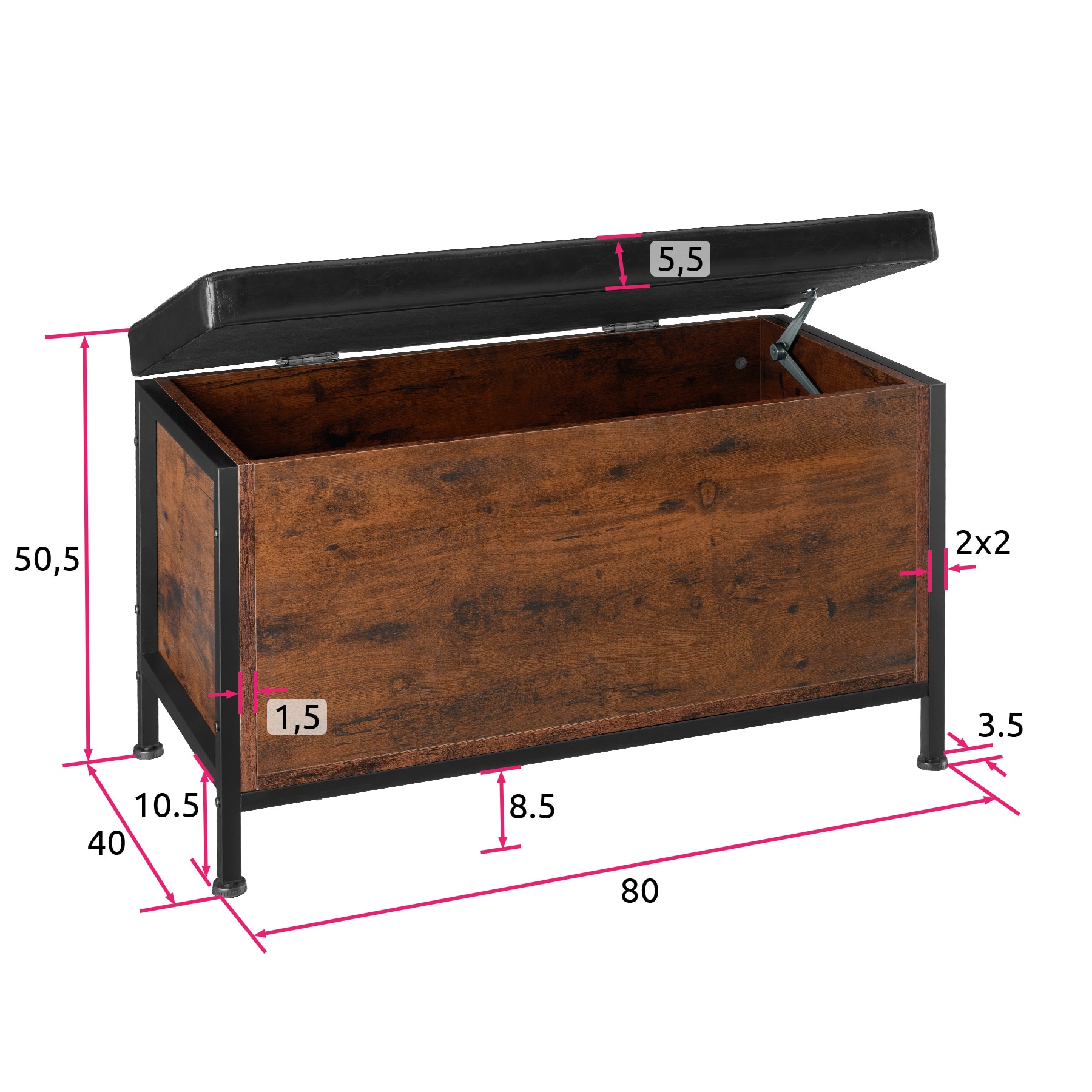 tectake® Sitztruhe, Industrial Style, Kunstlederbezug, 81,5 x 41,5 x 50,5 cm