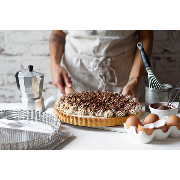 Moule à tarte amovible 28 cm inox perforé et feuille de cuisson antiad