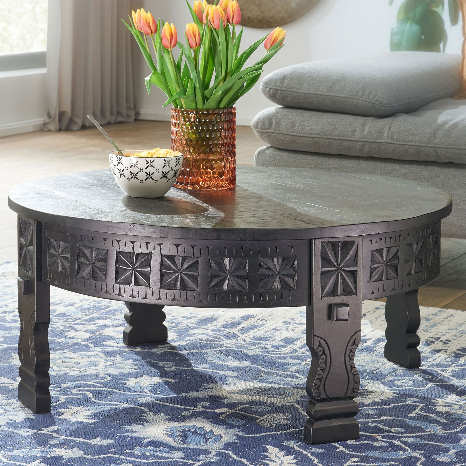 Couchtisch rund 80 cm Mango massiv Schwarz