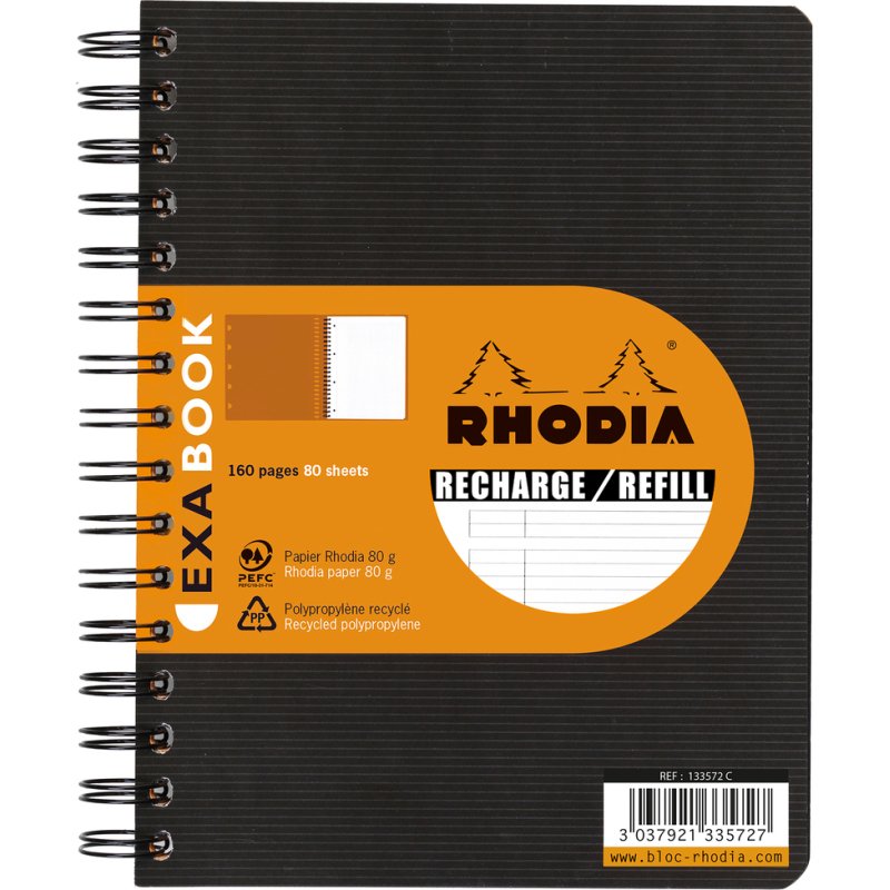 Cahier recharge spirale Exabook Rhodiactive 14,8 x 21 cm noir - ligné avec cadre en tête -160 pages