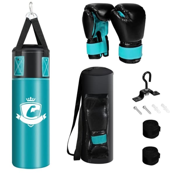 Bokseposesett med 8oz boksehansker Håndstropper Bag Boksepose for barn og voksne Svart + Grønn