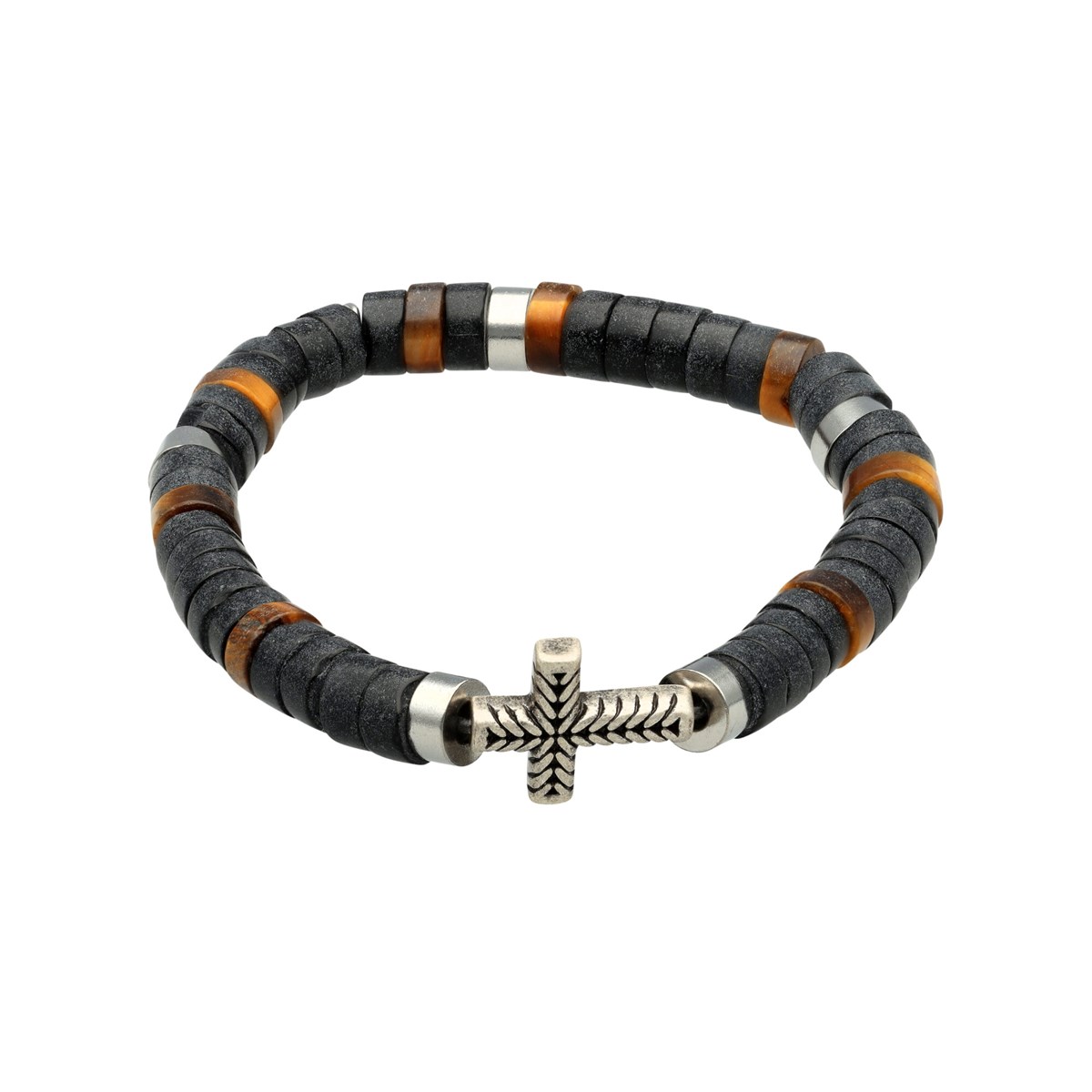 Bracelet Perles Heishi Pierres Naturelles Agate Noire Tigre Croix Acier Antique-XS-14cm