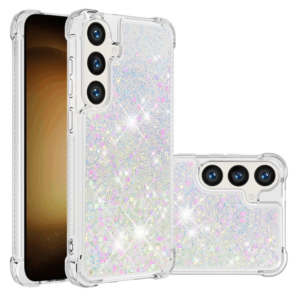Samsung Galaxy S24 Hardcase Hülle mit Air Cushion Fallschutz Liquid Case Glitzer Herzen - Silber / Transparent