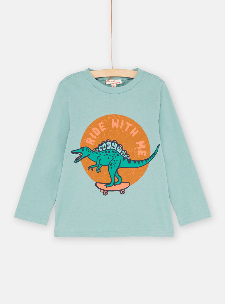 T-shirt bleu céladon à animation dinosaure