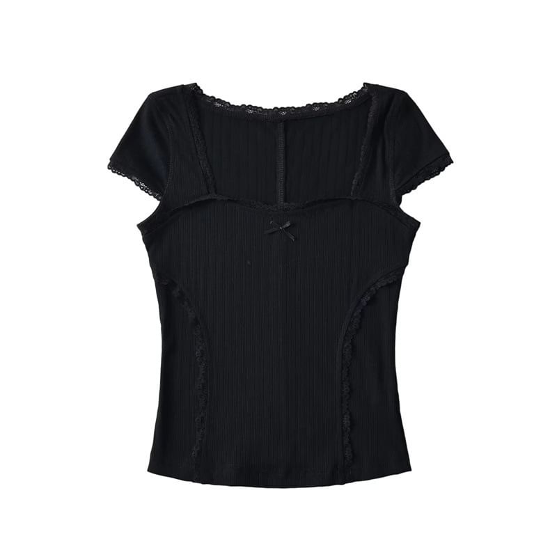 Asiris - T-shirt met korte mouwen, vierkante hals, effen kant en strik