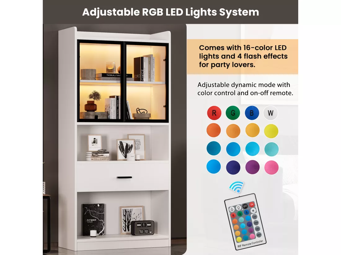 URBAN MEUBLE Vitrine blanc étagères 1 grand tiroir 2 portes en verre avec LED 80*35*153.5cm