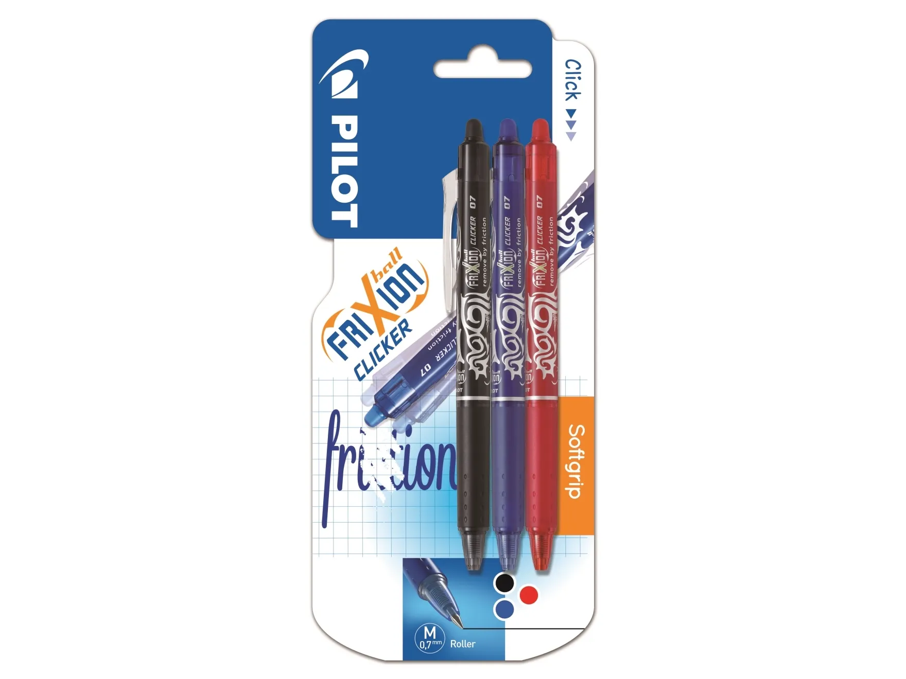 Pilot Frixion Clicker 0.7 mm - med 3 stk. ass. farver sort, blå og rød