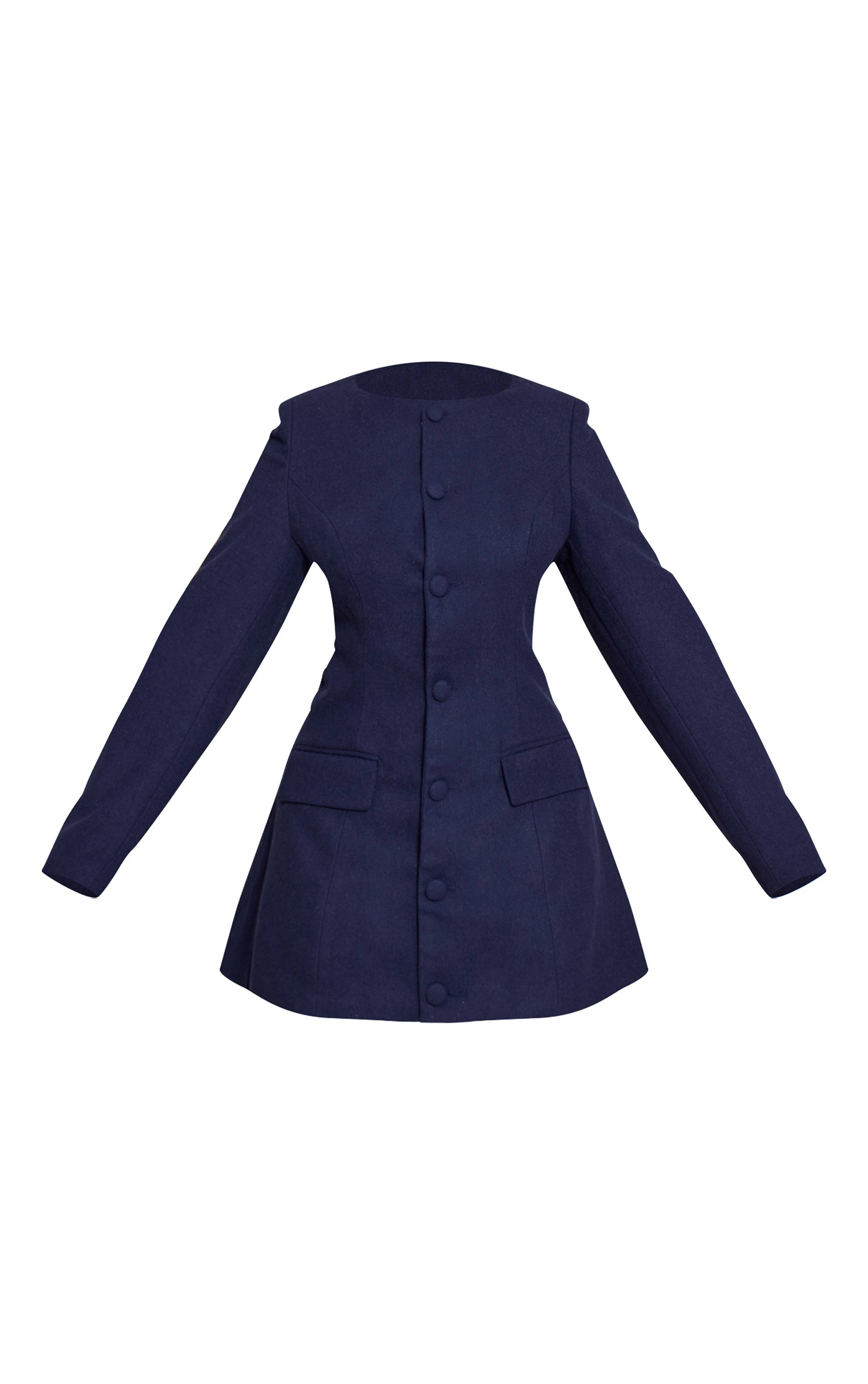 Bleu Marine Robe Blazer Cintrée Aspect Laine Boutonnée Devant