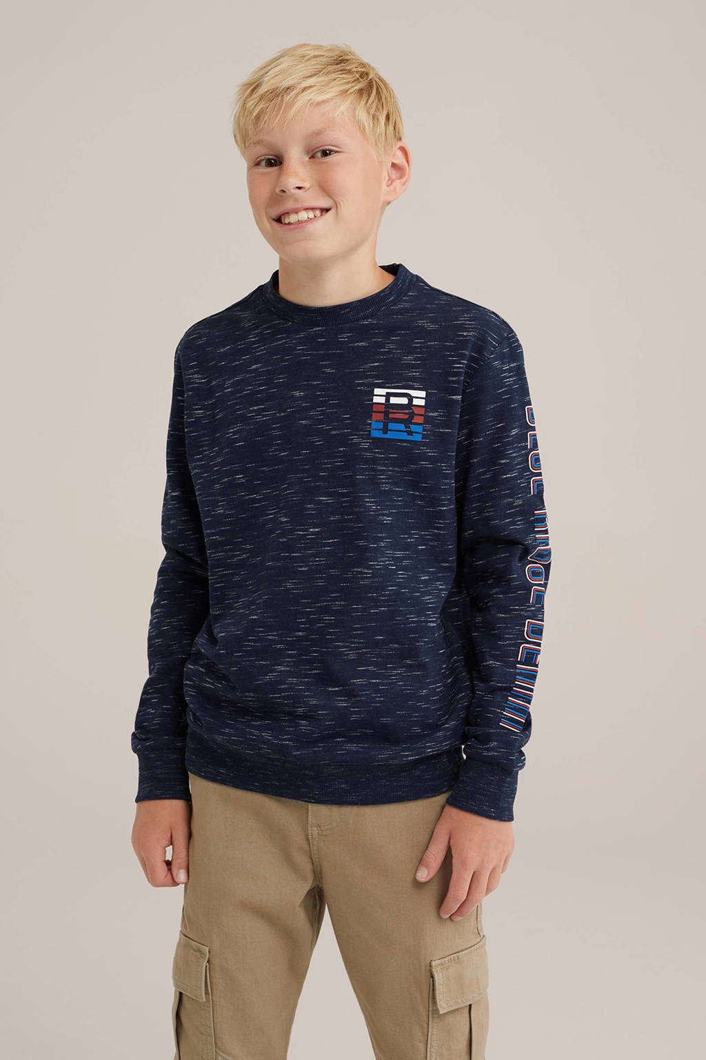 WE Fashion gemêleerde sweater donkerblauw/wit/rood