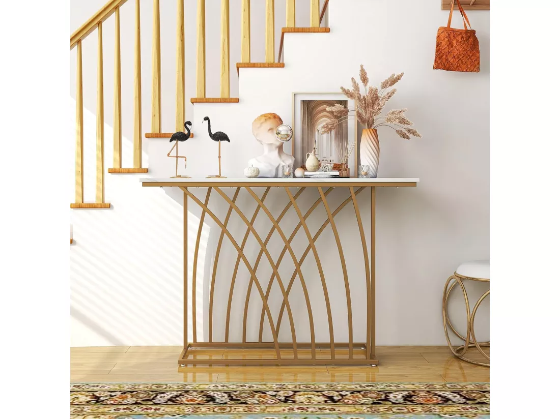 Table console, en faux marbre, design géométrique moderne, 120 x 30 x 80 cm