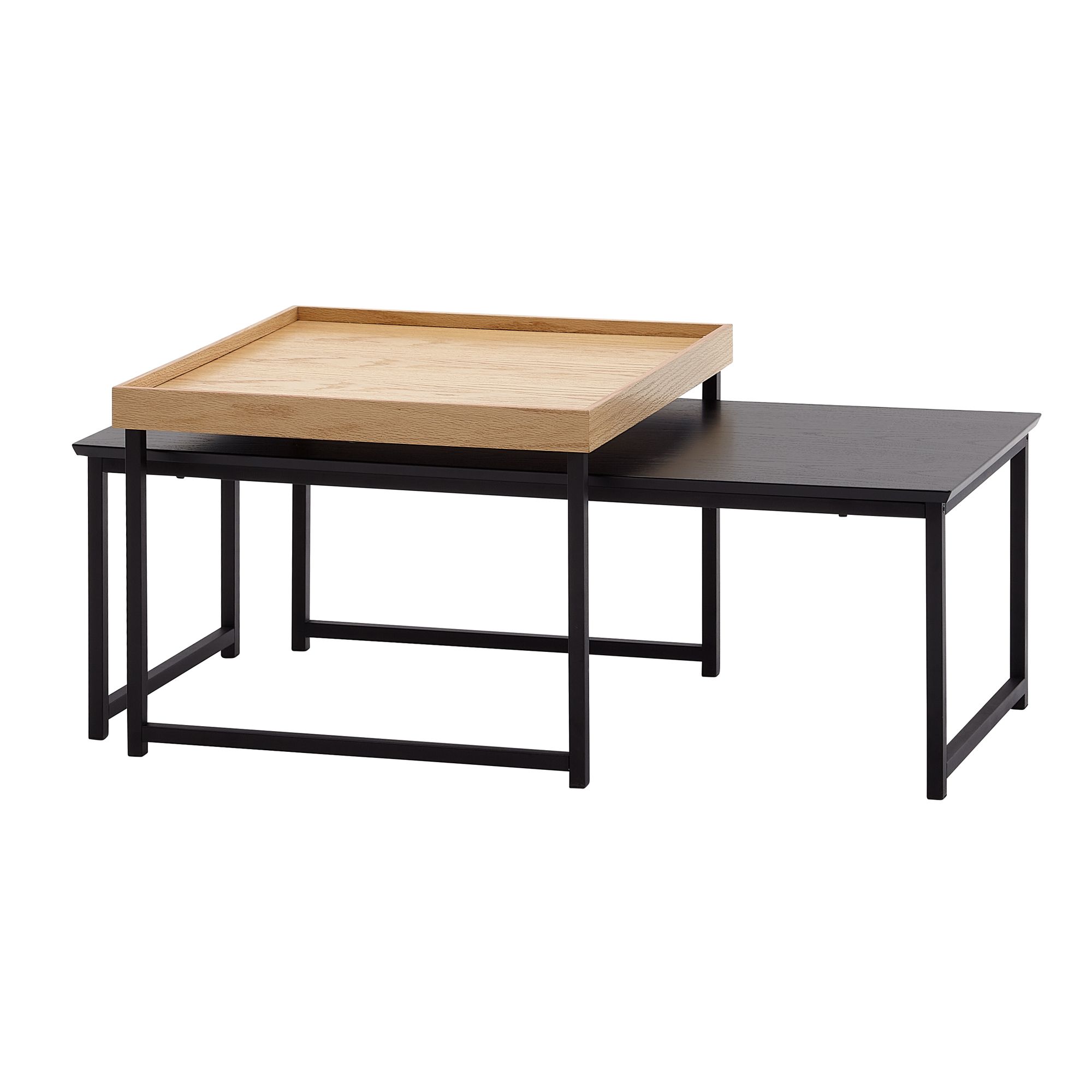 KADIMA DESIGN Couchtische 2er Set SILVANUS: Holz und Metall, Eiche/Weiß, ineinanderschiebbar, Eichenfurnier/lackiertes MDF.