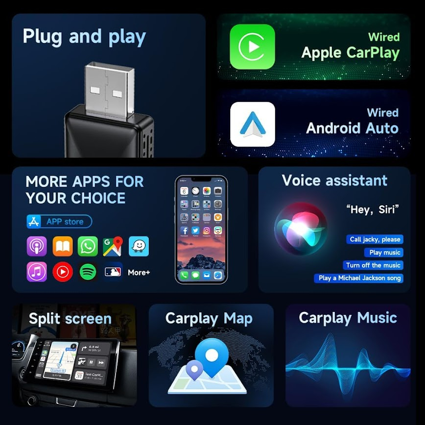 Kabelgebunden Android Auto / Apple Carplay KFZ USB-A  Adapter für Android / iOS Smartphones (Google Assistant / Siri) - Schwarz