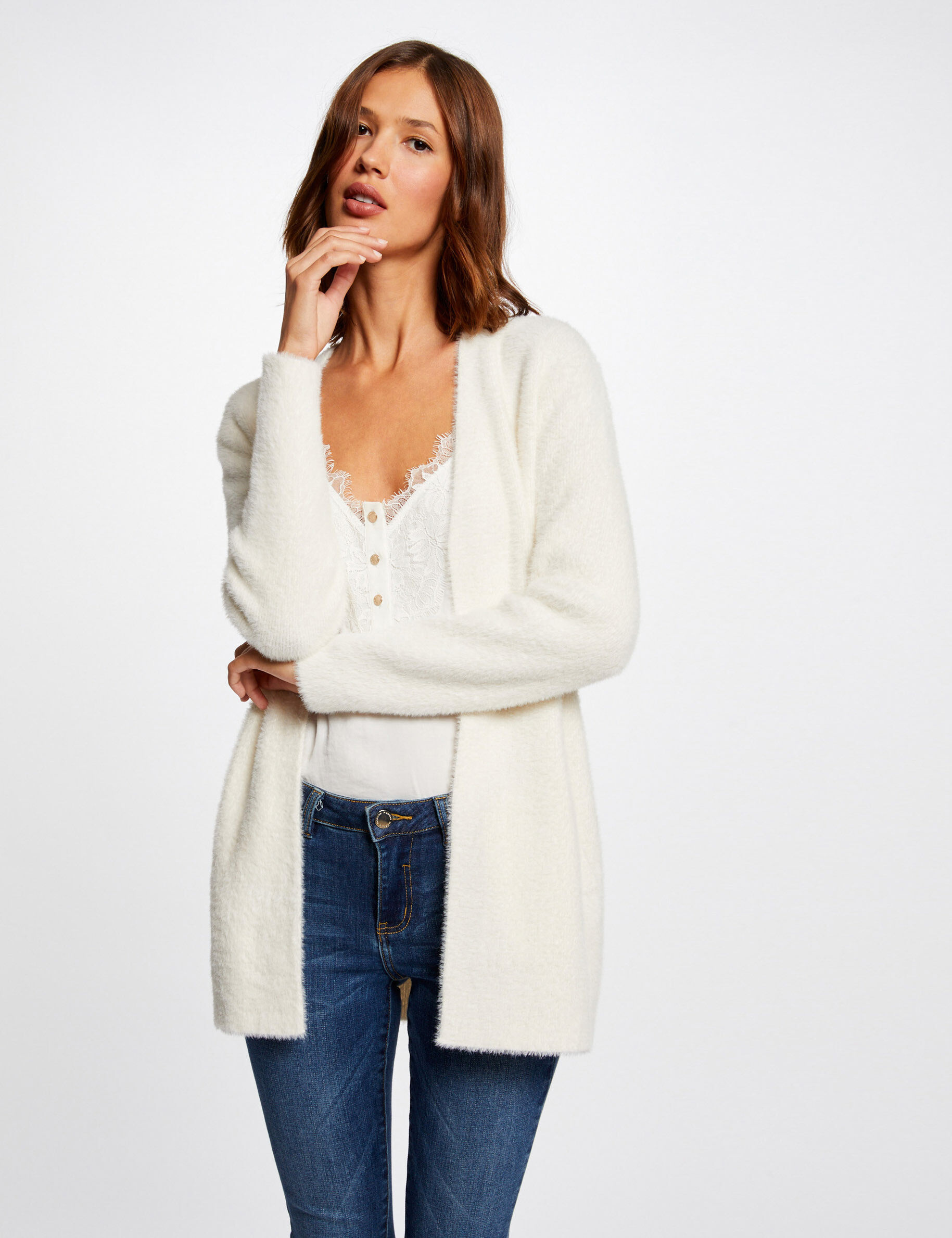 Gilet long maille duveteuse ivoire femme - ivoire