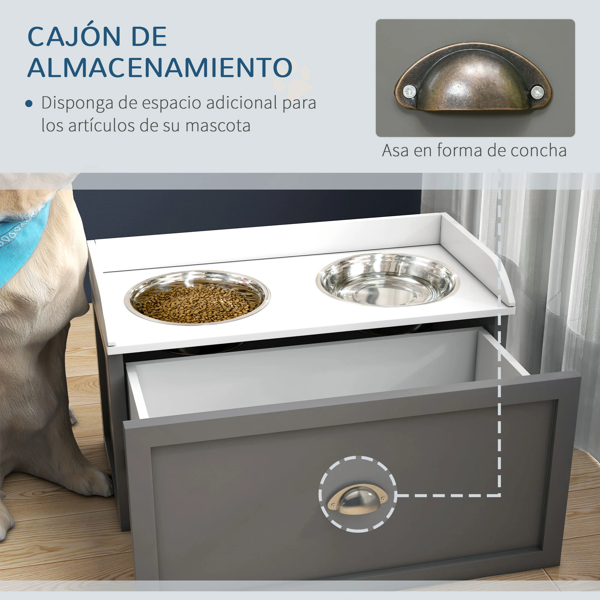 Comedouro elevado PawHut para cães grandes, com 2 tigelas de aço inoxidável, capacidade de 2000 ml, gaveta oculta, suporte de madeira para animais de estimação, 60 x 30 x 36 cm, cinza e branco.