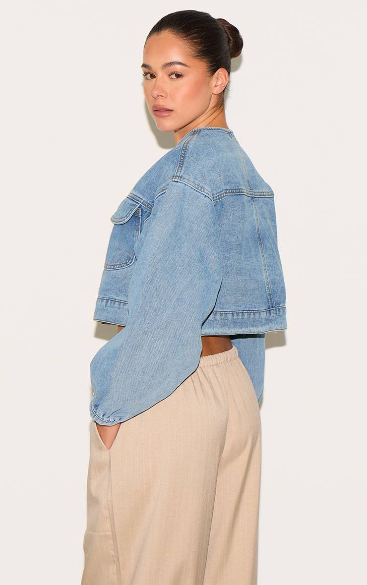 Mid Blue Wash Veste En Jean Courte Col Rond