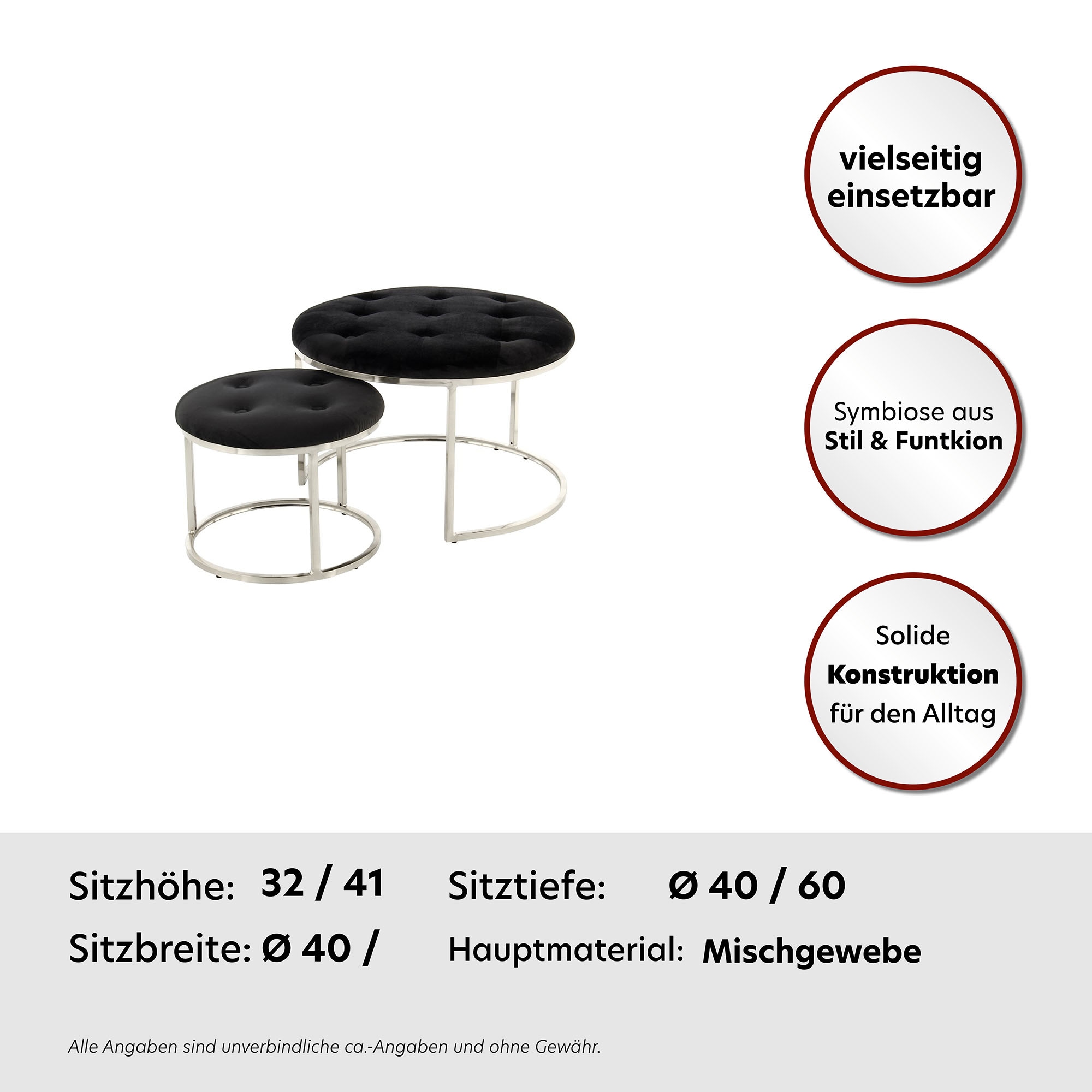 Kayoom Polstergarnitur »Hocker Becky 825 2er-Set, runde Form, angesagter Retro-Stil« Set, Hocker 1: B 60 cm/H 41 cm/T 60 cmHocker 2: B 40 cm/H 32 cm/T 40 cm, 2 Stk. tlg. vielseitig verwendbar, modern, pflegeleicht, runde Form
