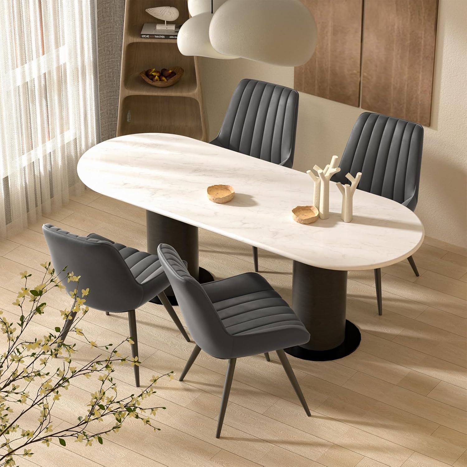 Esszimmerstühle 2er Set | Polsterstühle mit 10 cm Sitzkissen • künstlicher Stoff Dining Chair • Küchenstuhl mit Rückenlehne • Moderne Sessel • Metallbeine • Dunkelgrau FU01043DG-2