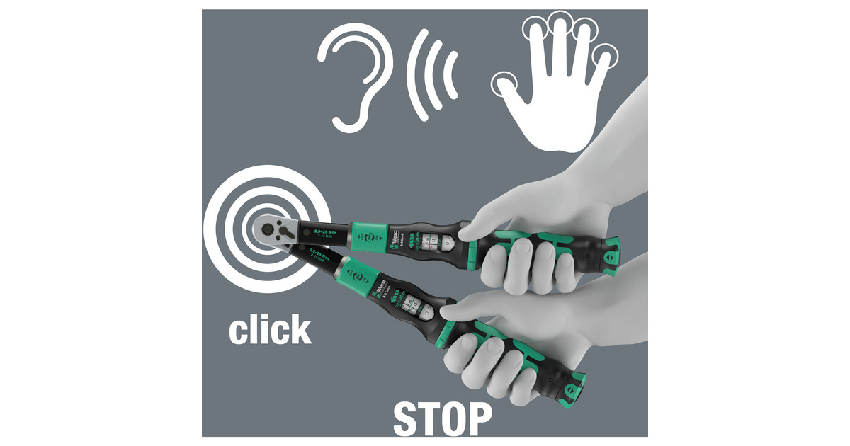 WeraClick-Torque Lock A 5 draaimomentsleutel  (Zwart/groen, Instelbaar, Torque Lock functie, omschakelratel, rechtsom vastdraaien, 2,5-25 Nm)