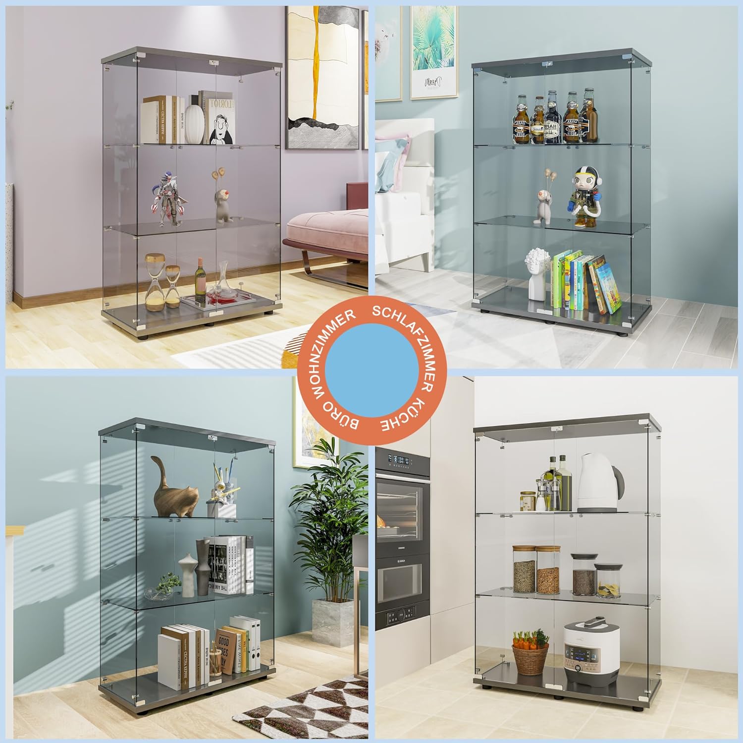 FANYUSHOW Glasvitrine Standvitrine in Schwarz, Modern Glas Holz Vitrine 3-Lagen Vitrine aus Glas für Sammlerstücke Bücher Wein, für Büro Wohnzimmer Küche, 125 x 79 x 36.5 cm